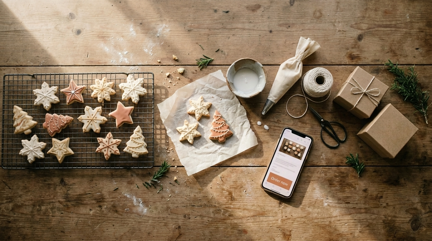 Decorated holiday sugar cookies on a wooden table next to a phone showing an email with an Order now button